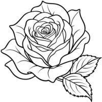 a delicate, minimalistic line drawing of a single rose with detailed petals and leaves, set against vector