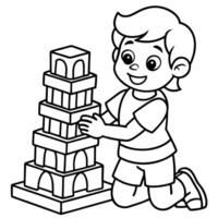 cartoon, cute, a student is building a tower with colorful blocks during playtime, vector