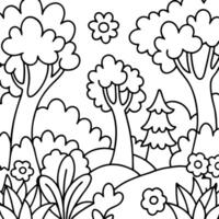 cartoon, enchanted forest glade with flowers bushes, and trees in the background, vector