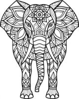 an intricate line art illustration of a elphant standing filled with detailed patterns and vector