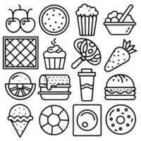 a grid of 16 black-and-white food icons featuring a slice of pizza, a hamburger, a soft drink, vector