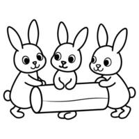 premium three rabbit cartoon playing in the log, illustration line art vector