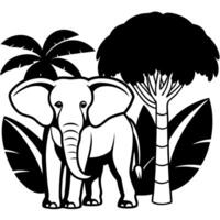 a bold elephant with prominent tusks and large ears, there are available banana trees, holding a vector