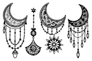 a collection of 50 crescent moon vectors, each uniquely adorned with intricate patterns at the vector