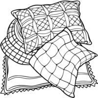 a coloring page of blanket squares with pillows, illustration line art vector