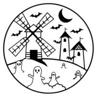 a unique halloween scene with a round fairy-tale windmill this windmill has a distinct, circular vector