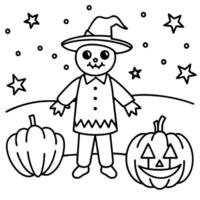 a friendly scarecrow standing in a pumpkin patch under a starlit sky, illustration line art vector