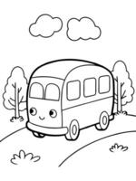 a cheerful school bus with happy faces in the windows, driving along a path lined with trees, vector