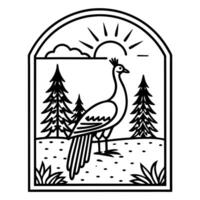 a line art featuring peacock standing in a thick forest peacock and should be centered in a vector