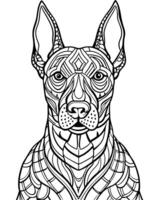 an intricate line art illustration of a black doberman dog filled with detailed patterns and vector