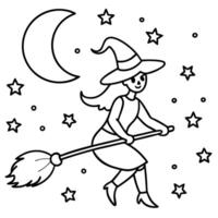 a friendly witch flying on a broomstick across a warm, starry sky with a full moon, vector