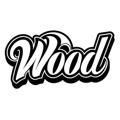 a typography design of a bold and stylized black and white word, wood the text is large and puffy