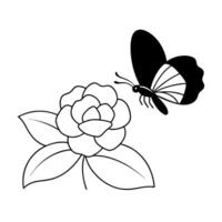a butterfly is extracting nectar from a camellia flower, illustration line art vector