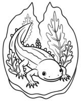 axolotl by underwater cave with ocean elements, illustration line art vector