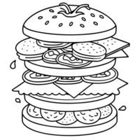 a deconstructed veggie burger with layers of bun, veggie patty, lettuce, tomato, avocado, and vegan vector
