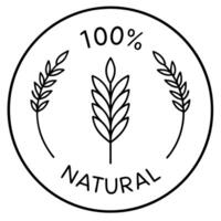a black and white circular logo with the text 100 natural and with one ear of wheat icons, vector