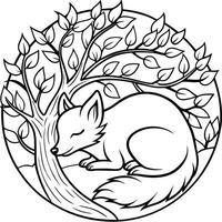 a coloring page only in black and white of a a a fox with rounded shapes, perhaps sleeping under a vector