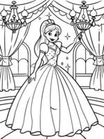 a princess dressed in a sparkling ball gown, dancing in a grand ballroom with chandeliers and vector