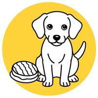 a white puppy with a short coat and floppy ears is sitting next to a plate of bacon strips the vector
