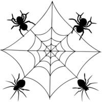 4 halloween spiders silhouette in different poses in walking web, illustration line art vector