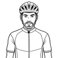 cyclist man in helmet stands and look into camera, illustration line art vector