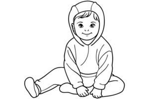continuous single line drawing of toddler in onesie sitting on floor, line art illustration, vector