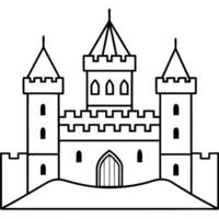 a medieval castle, with towering walls, turrets, and a moat, illustration line art vector