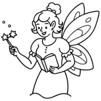 a fairy learning to use magic wands, practicing spells, and reading magical books, vector