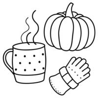 a pair of woolen mittens holding a steaming mug of hot cocoa, with a pumpkin and candy corn nearby, vector