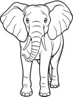 an elephant standing, raising its trunk, with large ears and tusks outlined in simple lines for vector