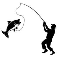 in a dramatic encounter, a fisherman skillfully casts his line, and a colossal fish leaps out of vector