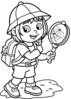 dora the explorer searching a way using magnifying glass on map and bag on her beck at magic land, vector