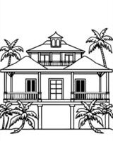 a caribbean plantation house with wide verandas, illustration line art vector