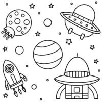 a black and white space-themed coloring page for kids featuring a large space station with domes, vector