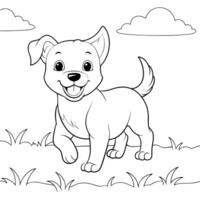 a puppy running happily in the grassland, illustration line art vector