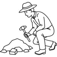a geologist examining rocks or using a hammer, illustration line art vector