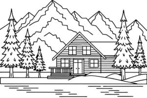 continuous single line drawing of cabin at lakeshore in beautiful mountain landscape, line art vector