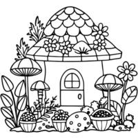 a mushroom house with a rooftop garden, where the mushroom family tends to their colorful array of vector
