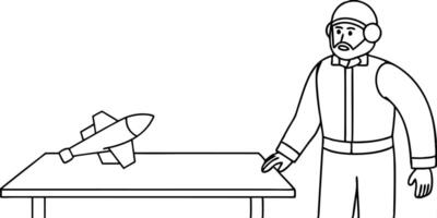 a man in scientist suit is standing at the table, thinling and looking at the plan of a plane that vector