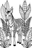 an okapi hidden among large jungle leaves and flowers, showing off its zebra-like legs and unique vector