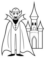a vampire with a cape and sharp fangs, standing in front of a gothic castle, illustration vector