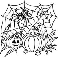 a spooky spider weaving its web over a pumpkin patch, illustration line art vector