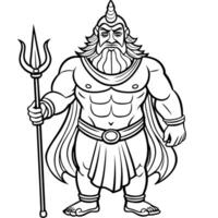 the perfect black and white poseidon in all its full-length glory in a cartoon style for coloring, vector