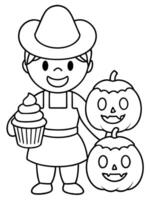 a halloween-themed bakery with a cute baker serving cupcakes and candy corn include smiling vector