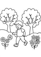 a child who is playing in a park with shady trees around it and flowers that are blooming, vector