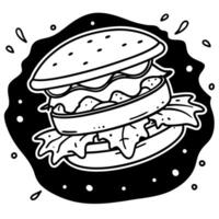 floating hamburger with meat, cheese, tomatoes, lettuce, and splash of sauce isolated on dark vector