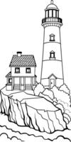 lighthouse with small house behind the lighthouse, standing on a cliff, illustration line vector