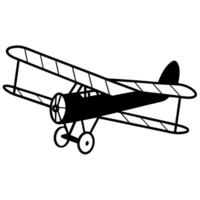 a silhouette of a vintage biplane with two wings and a propeller, against a white background, vector