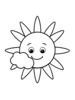 a smiling sun with bold rays and fluffy clouds can be both fun and easy to color, vector