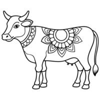 a coloring page of a cow with mandala patterns in black lines only, with no color the page is in vector